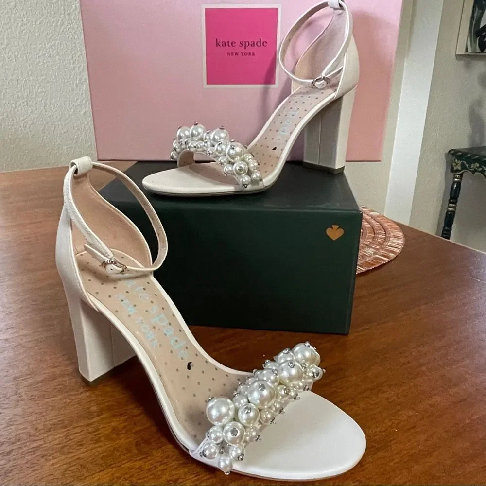 NIB Kate Spade Rosa Pearly Stud Ankle-strap Block Heels Ivory Parchment Size 6.5